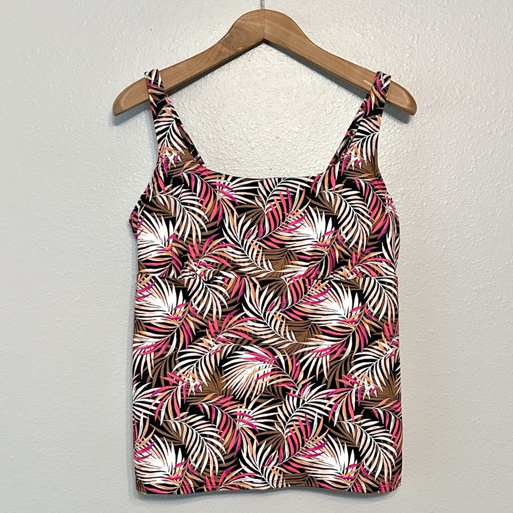 Lands' End Pink and Brown Leaf Print Swim Top